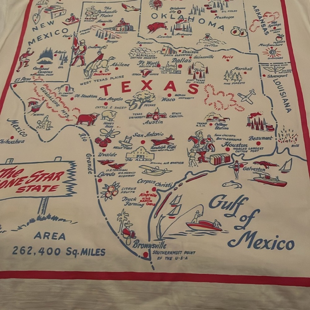 Vintage Table Cloth. 1950’s mostly highlighting Texas. Has over 70 illustrations